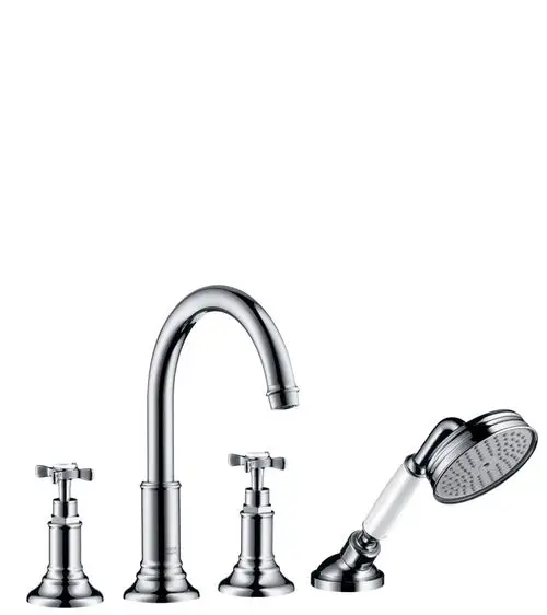 Vierloch-Wandarmatur von AXOR mit chromglänzendem Finish und Kreuzgriffen, bestehend aus einem Wasserhahn und einer Handbrause.